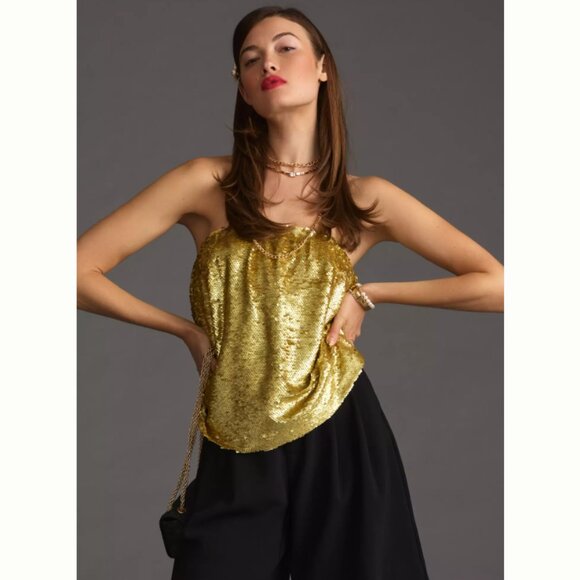 Brand New Anthropologie Gold Sequinned Bandeau Tube Top - Picture 1 of 16